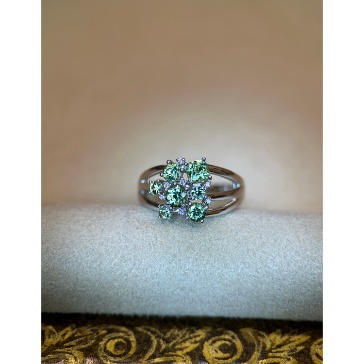 1.43 Ct. Demantoid Garnet Natural Diamond Pave Ring, 18K White Gold