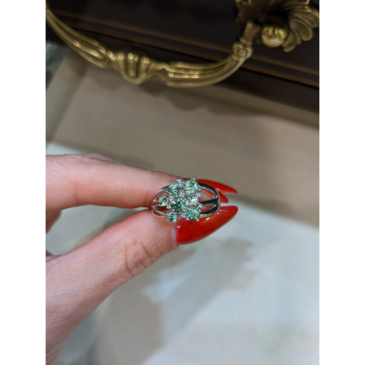 1.43 Ct. Demantoid Garnet Natural Diamond Pave Ring, 18K White Gold