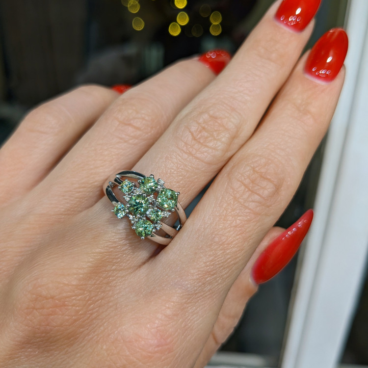 1.43 Ct. Demantoid Garnet Natural Diamond Pave Ring, 18K White Gold