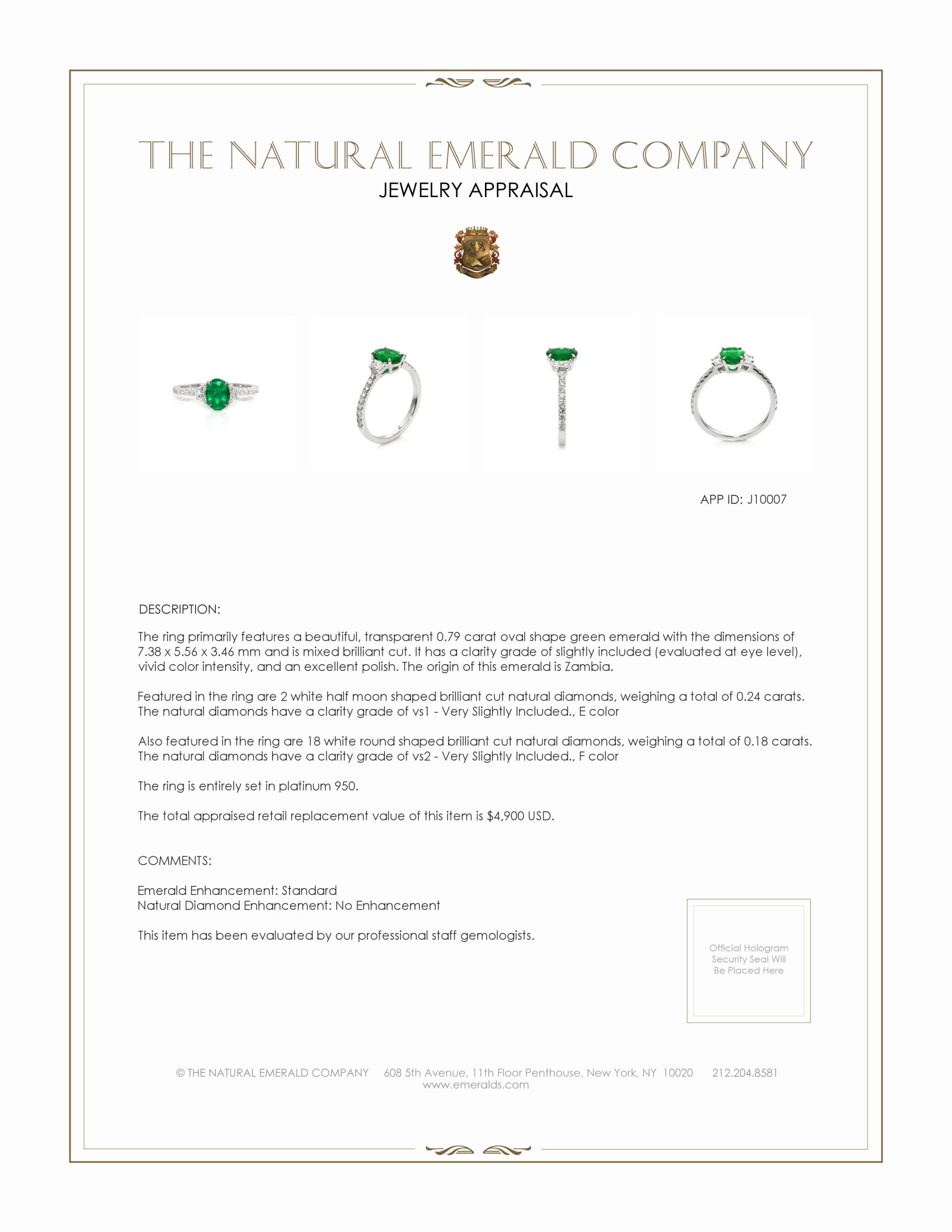 0.79 Ct. Emerald and Natural Diamond Three Stone Ring, Platinum 950