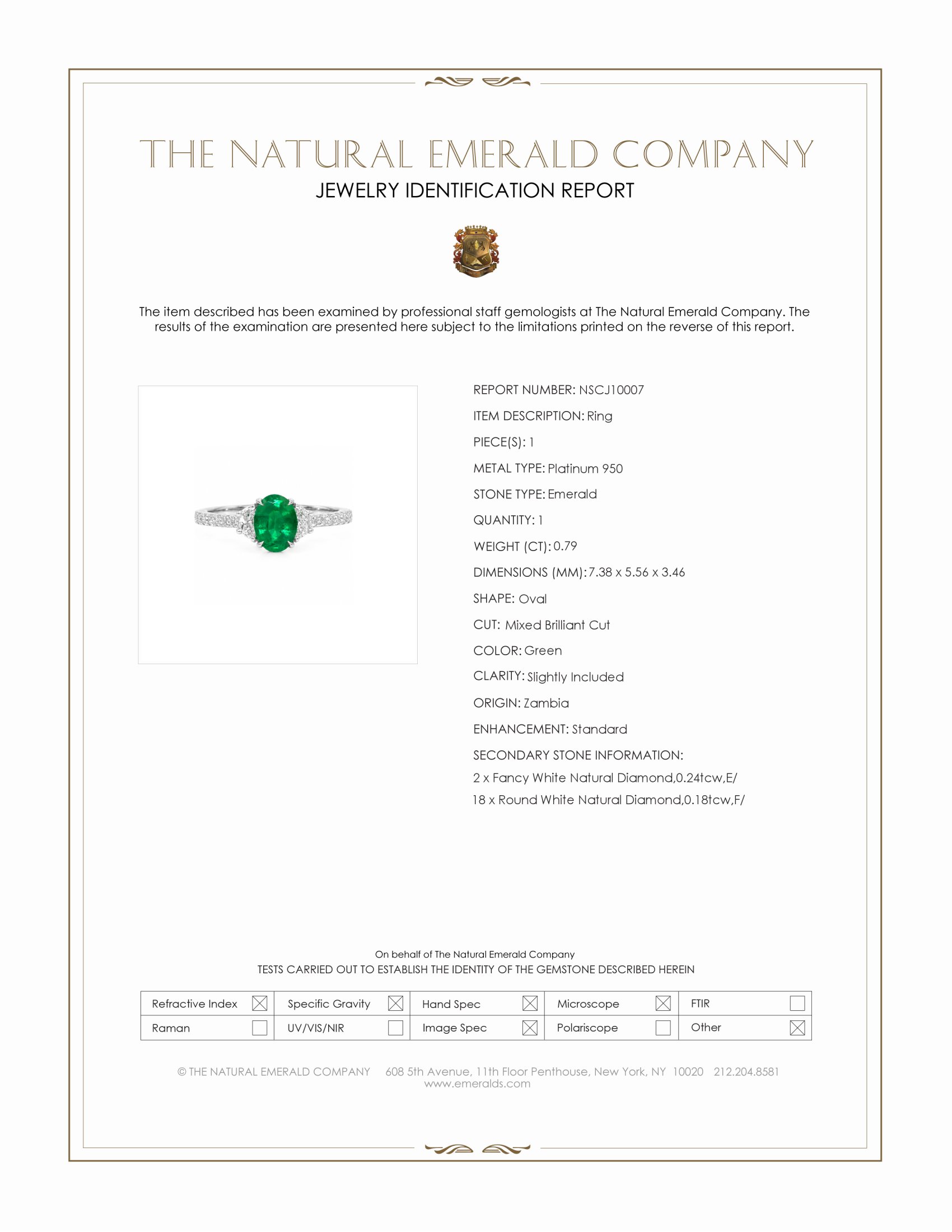 0.79 Ct. Emerald and Natural Diamond Three Stone Ring, Platinum 950