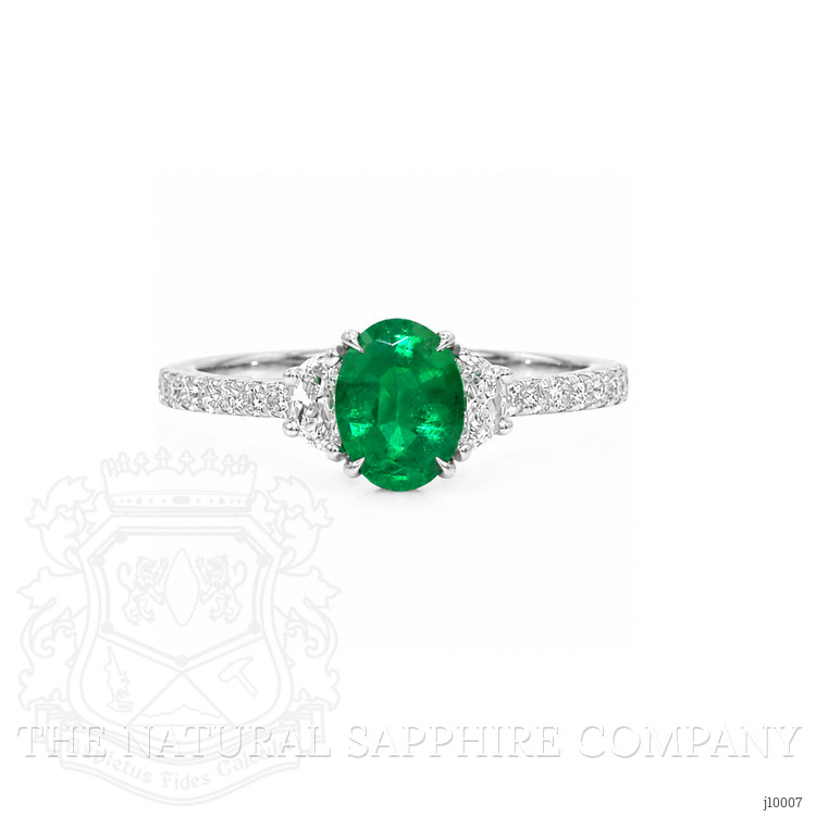 0.79 Ct. Emerald and Natural Diamond Three Stone Ring, Platinum 950