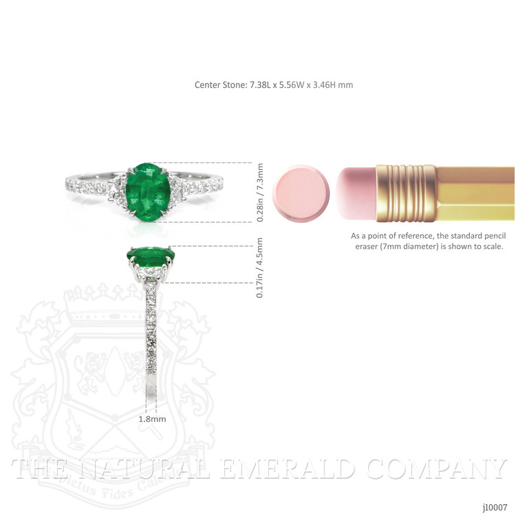 0.79 Ct. Emerald Natural Diamond Three Stone Ring, Platinum 950