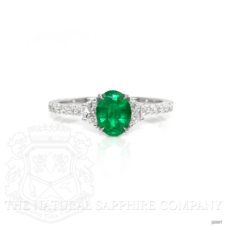 0.79 Ct. Emerald and Natural Diamond Three Stone Ring, Platinum 950