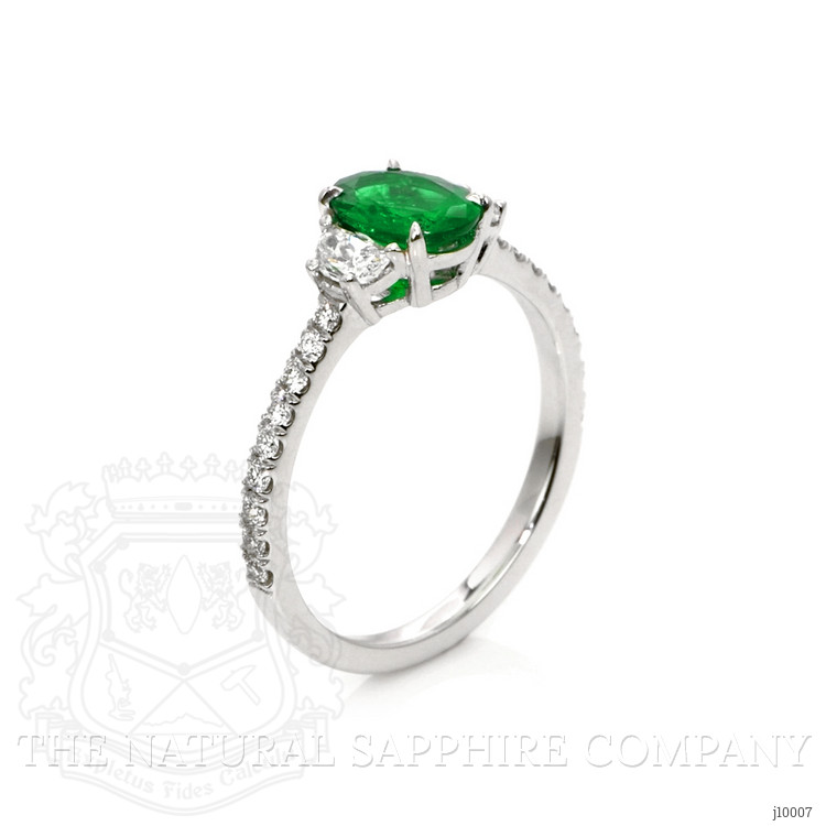 0.79 Ct. Emerald and Natural Diamond Three Stone Ring, Platinum 950