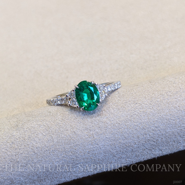 0.79 Ct. Emerald and Natural Diamond Three Stone Ring, Platinum 950