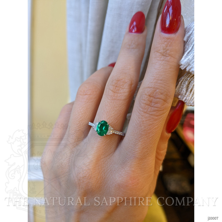 0.79 Ct. Emerald and Natural Diamond Three Stone Ring, Platinum 950