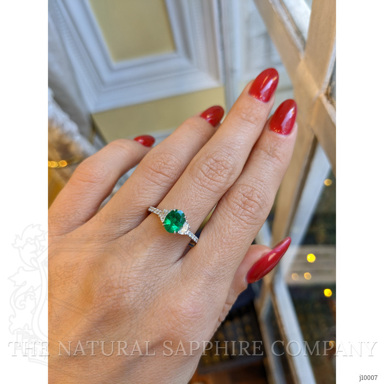 0.79 Ct. Emerald and Natural Diamond Three Stone Ring, Platinum 950