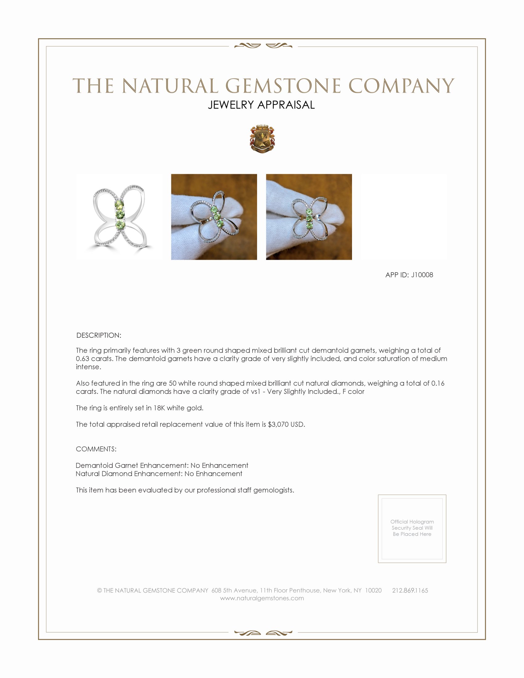 0.63 Ct. Demantoid Garnet Natural Diamond Pave Ring, 18K White Gold