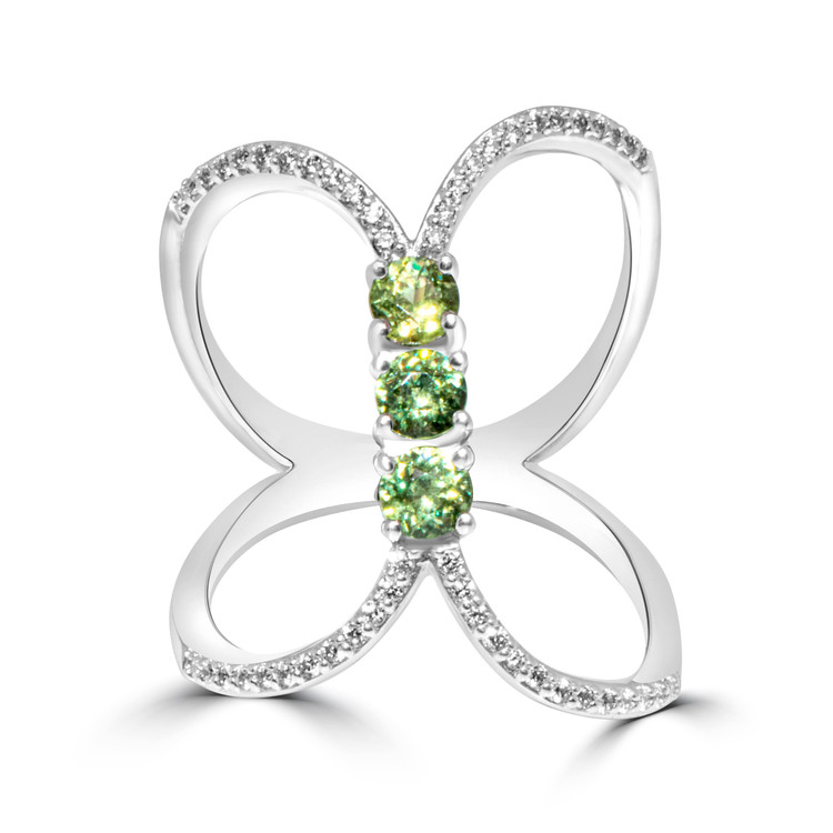 0.63 Ct. Demantoid Garnet Natural Diamond Pave Ring, 18K White Gold