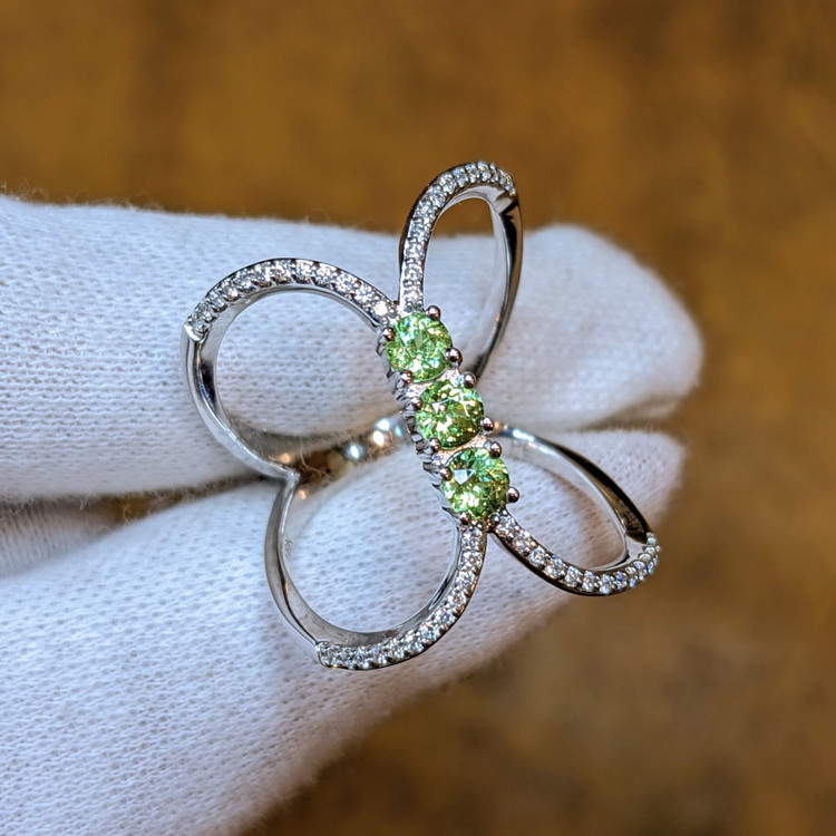 0.63 Ct. Demantoid Garnet Natural Diamond Pave Ring, 18K White Gold