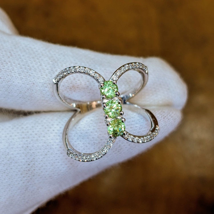 0.63 Ct. Demantoid Garnet Natural Diamond Pave Ring, 18K White Gold