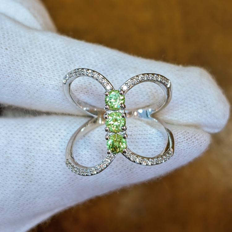 0.63 Ct. Demantoid Garnet Natural Diamond Pave Ring, 18K White Gold