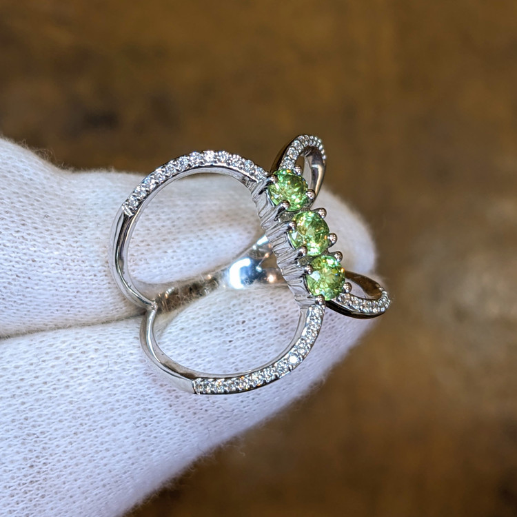 0.63 Ct. Demantoid Garnet Natural Diamond Pave Ring, 18K White Gold