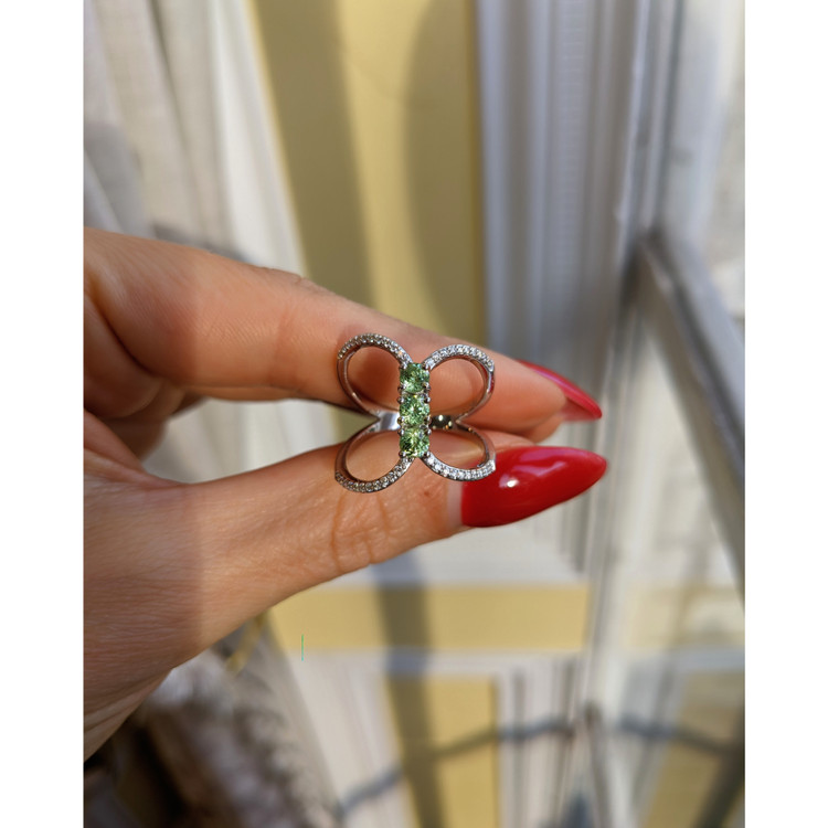 0.63 Ct. Demantoid Garnet Natural Diamond Pave Ring, 18K White Gold