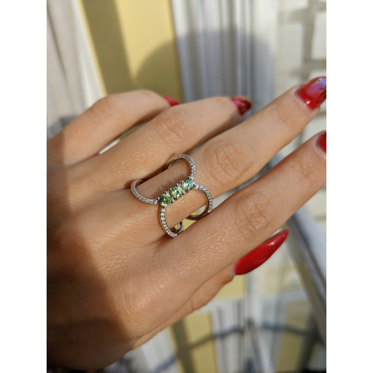 0.63 Ct. Demantoid Garnet Natural Diamond Pave Ring, 18K White Gold