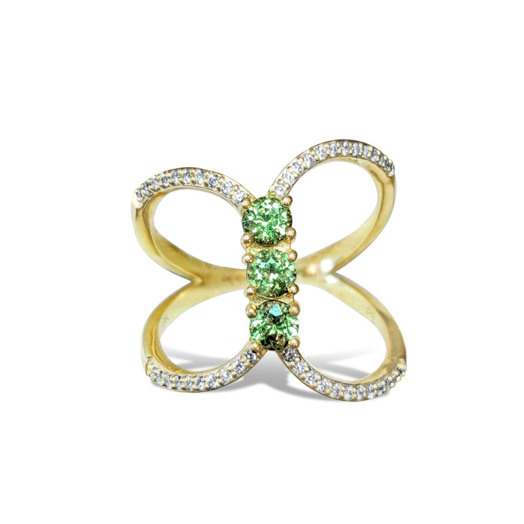 0.63 Ct. Demantoid Garnet Natural Diamond Pave Ring, 18K Yellow Gold