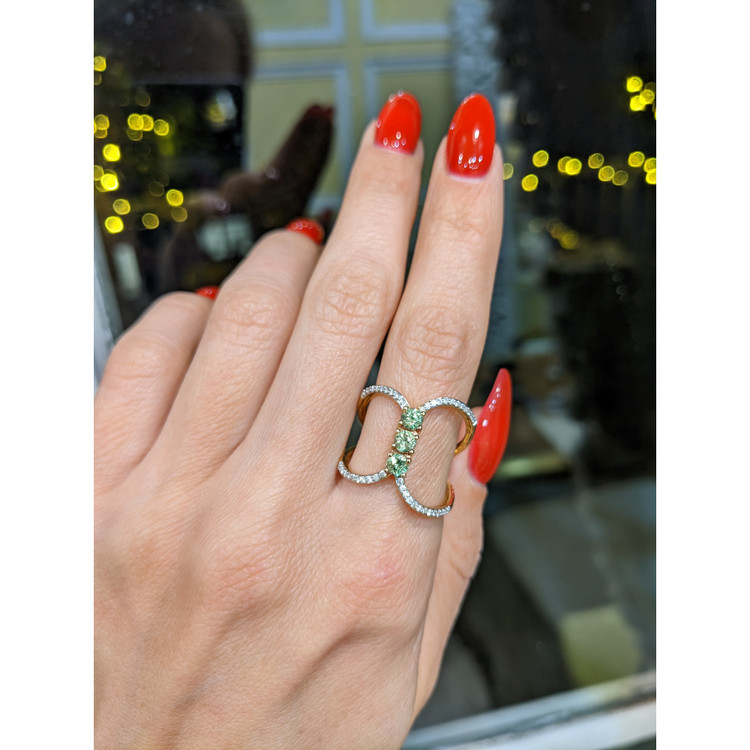 0.63 Ct. Demantoid Garnet Natural Diamond Pave Ring, 18K Yellow Gold