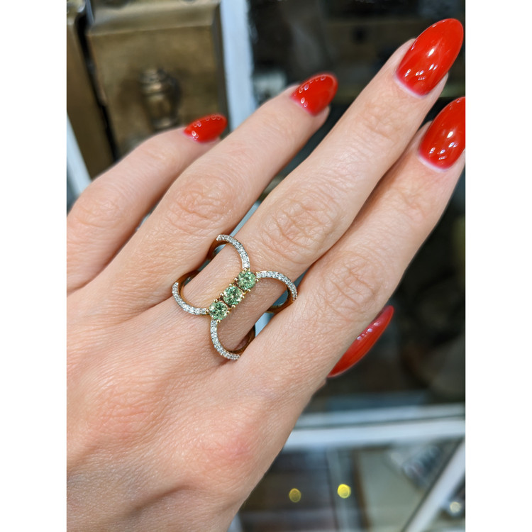 0.63 Ct. Demantoid Garnet Natural Diamond Pave Ring, 18K Yellow Gold