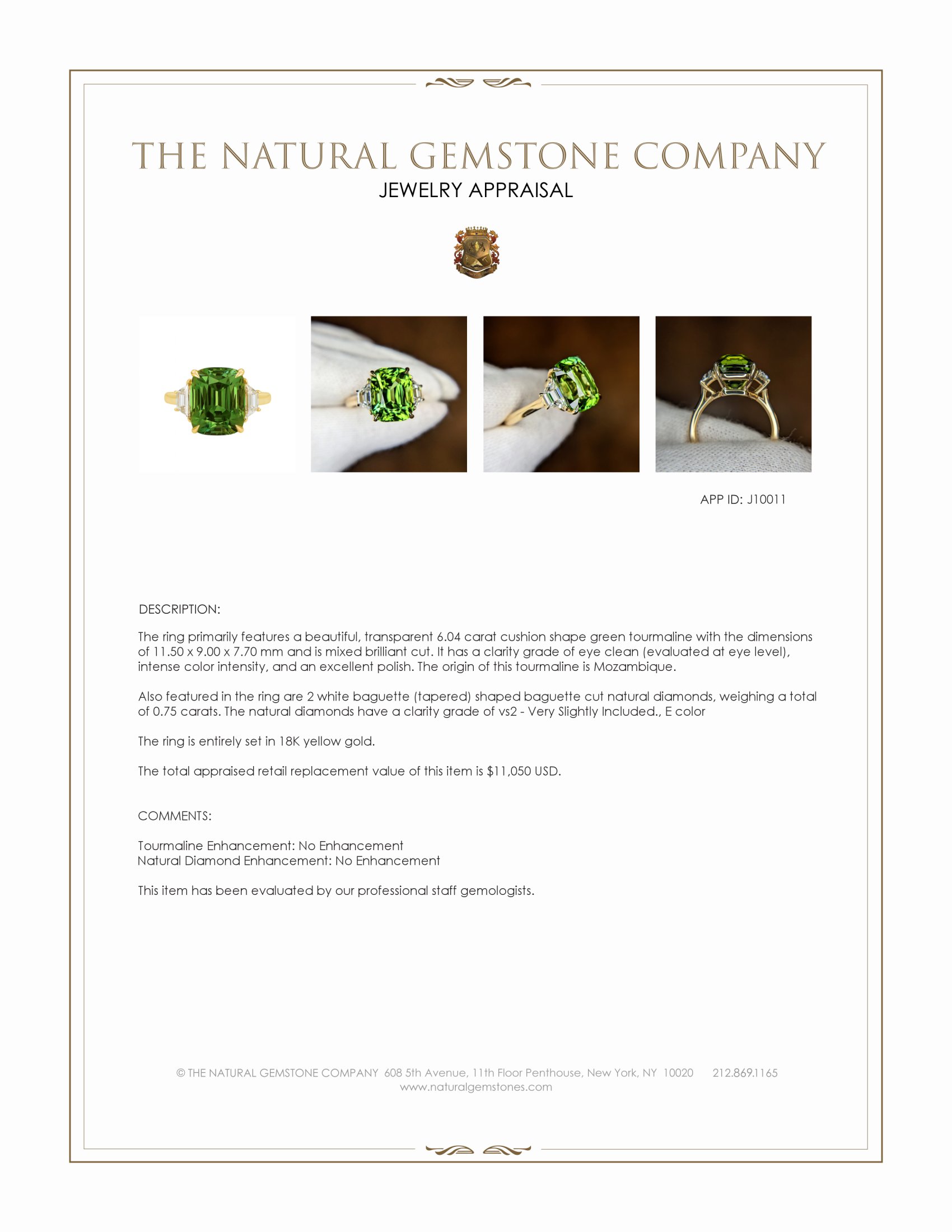 6.04 Ct. Green Tourmaline and Natural Diamond Three Stone Ring, 18K Yellow Gold
