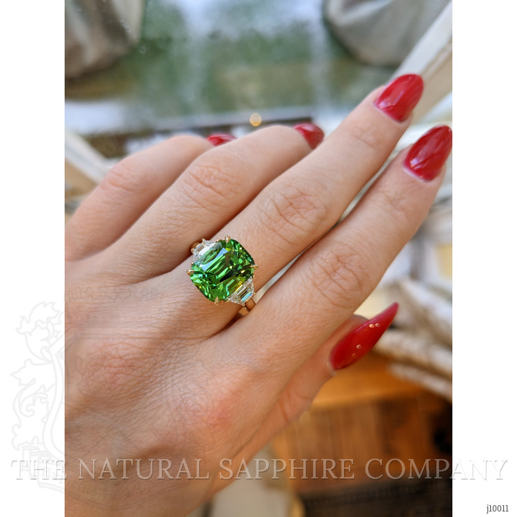 6.04 Ct. Tourmaline Natural Diamond Three Stone Ring, 18K Yellow Gold