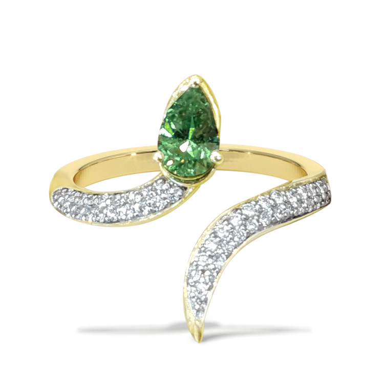 0.68 Ct. Demantoid Garnet Natural Diamond Pave Ring, 18K Yellow Gold
