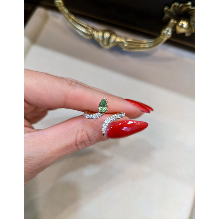 0.68 Ct. Demantoid Garnet Natural Diamond Pave Ring, 18K Yellow Gold