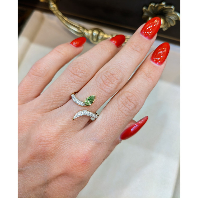 0.68 Ct. Demantoid Garnet Natural Diamond Pave Ring, 18K Yellow Gold