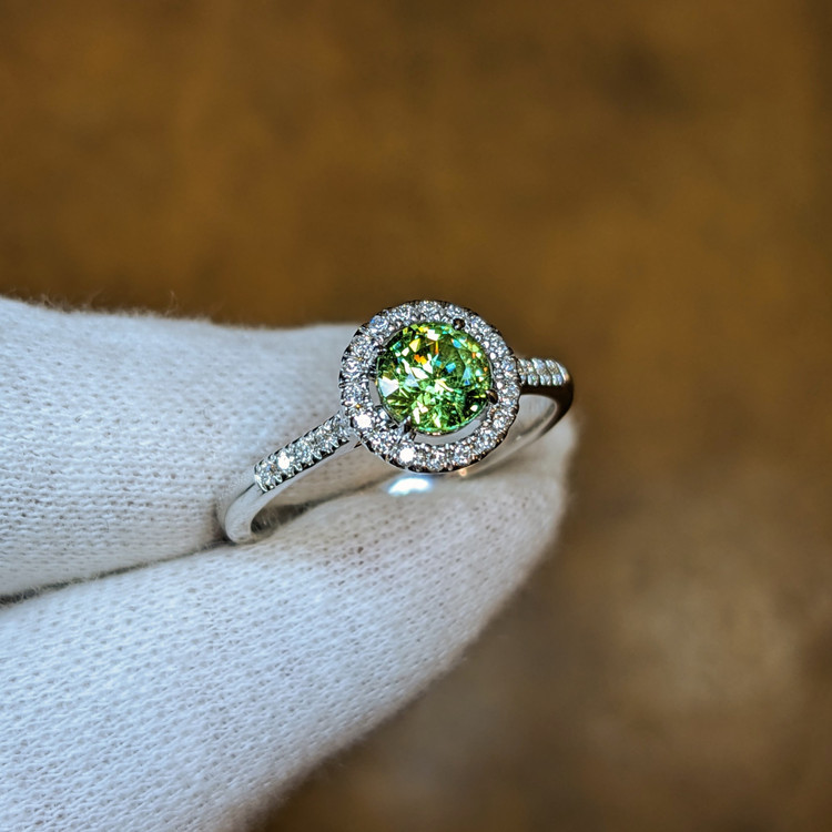 0.87 Ct. Demantoid Garnet Natural Diamond Pave Ring, 18K White Gold