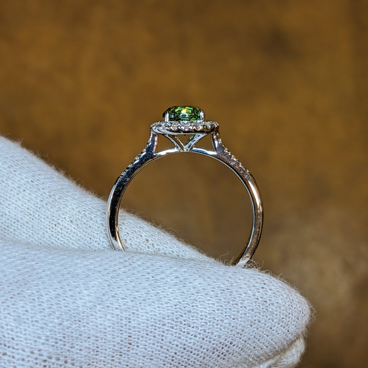 0.87 Ct. Demantoid Garnet Natural Diamond Pave Ring, 18K White Gold