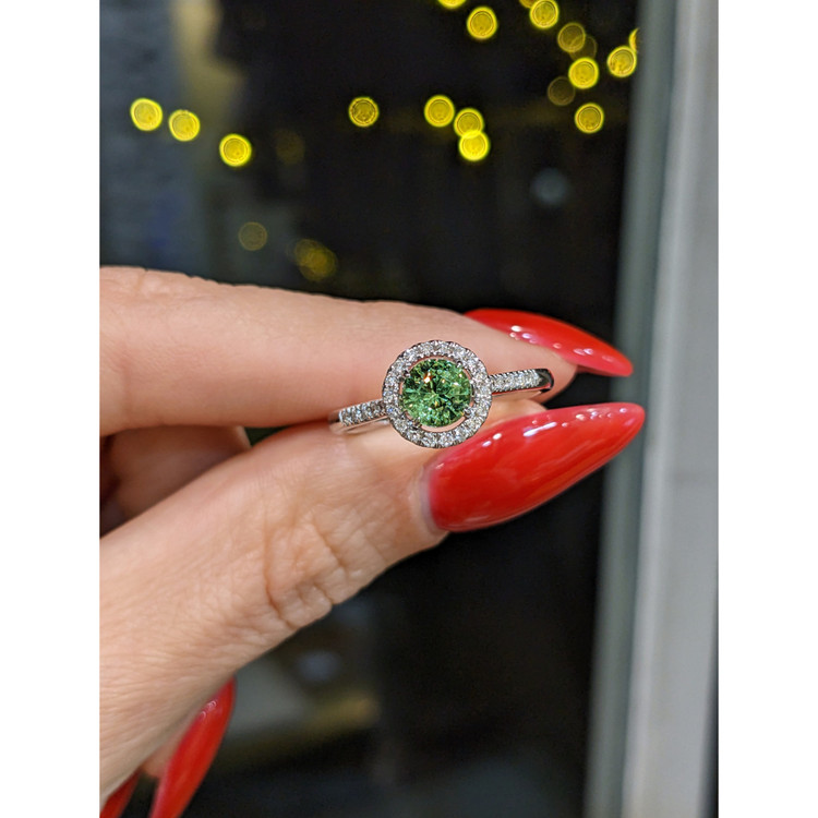 0.87 Ct. Demantoid Garnet Natural Diamond Pave Ring, 18K White Gold