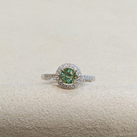0.87 Ct. Demantoid Garnet Natural Diamond Pave Ring, 18K White Gold Life Style