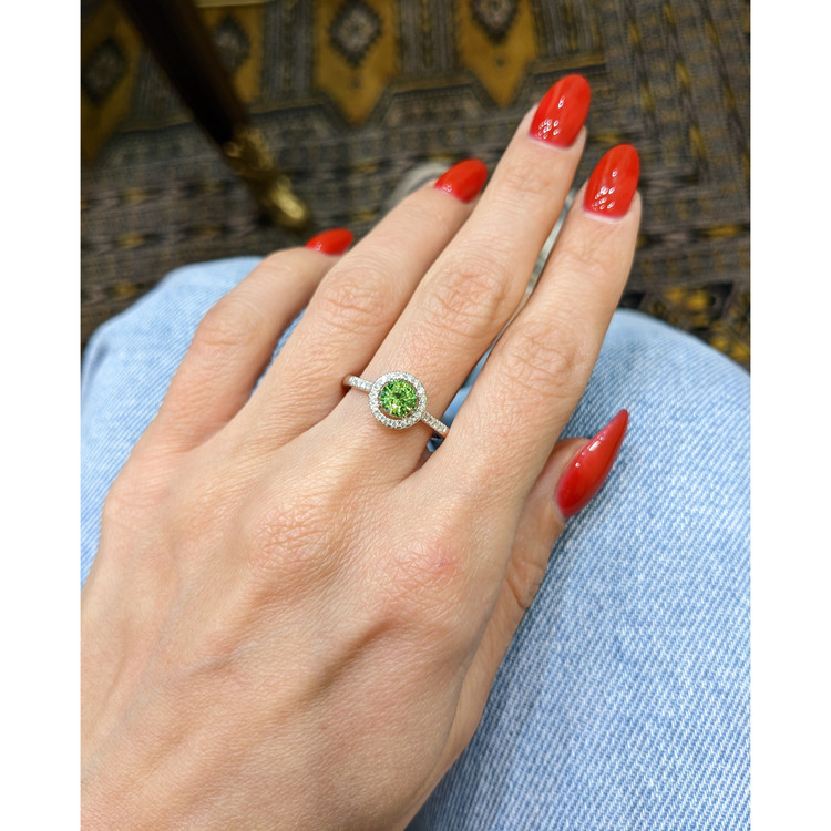 0.87 Ct. Demantoid Garnet Natural Diamond Pave Ring, 18K White Gold