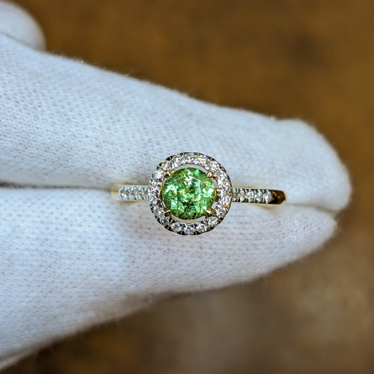 0.53 Ct. Demantoid Garnet Natural Diamond Pave Ring, 18K Yellow Gold
