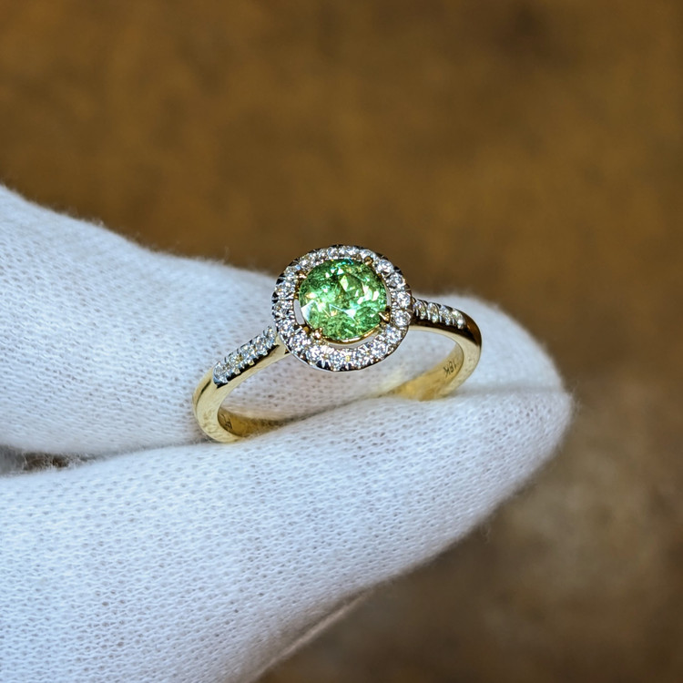 0.53 Ct. Demantoid Garnet Natural Diamond Pave Ring, 18K Yellow Gold