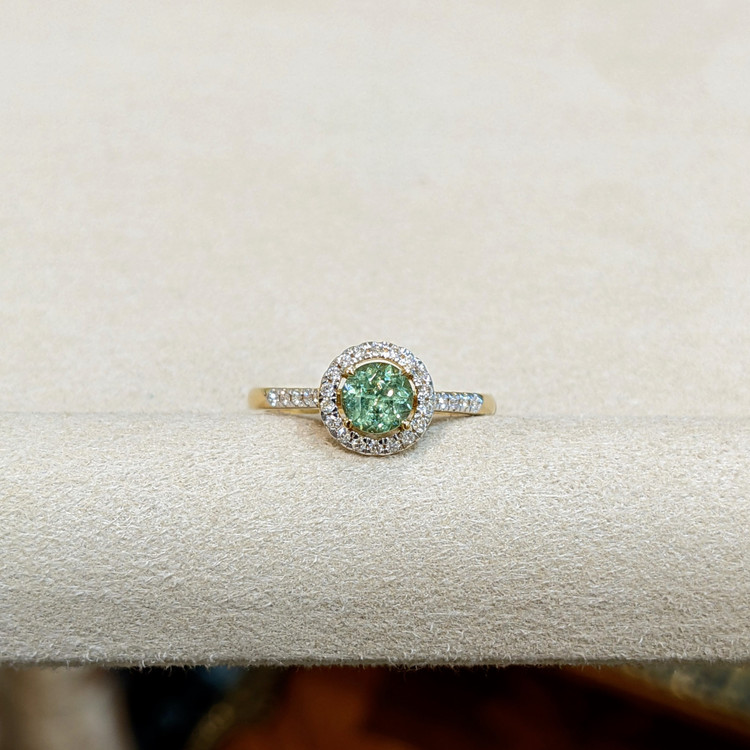 0.53 Ct. Demantoid Garnet Natural Diamond Pave Ring, 18K Yellow Gold