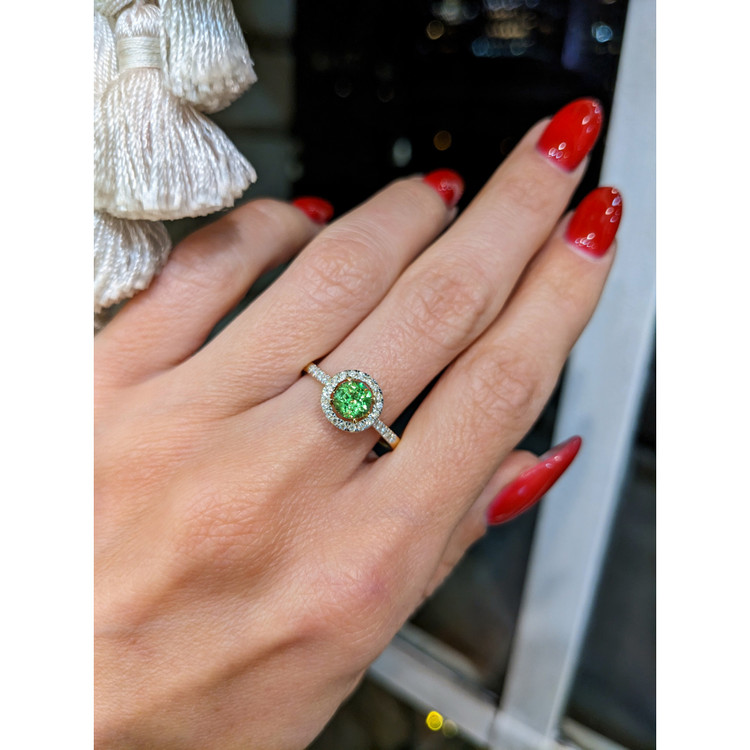 0.53 Ct. Demantoid Garnet Natural Diamond Pave Ring, 18K Yellow Gold