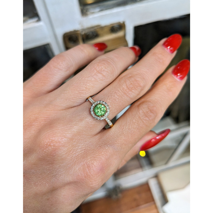 0.53 Ct. Demantoid Garnet Natural Diamond Pave Ring, 18K Yellow Gold