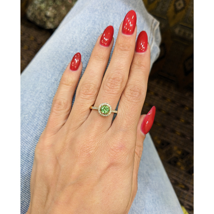 0.53 Ct. Demantoid Garnet Natural Diamond Pave Ring, 18K Yellow Gold