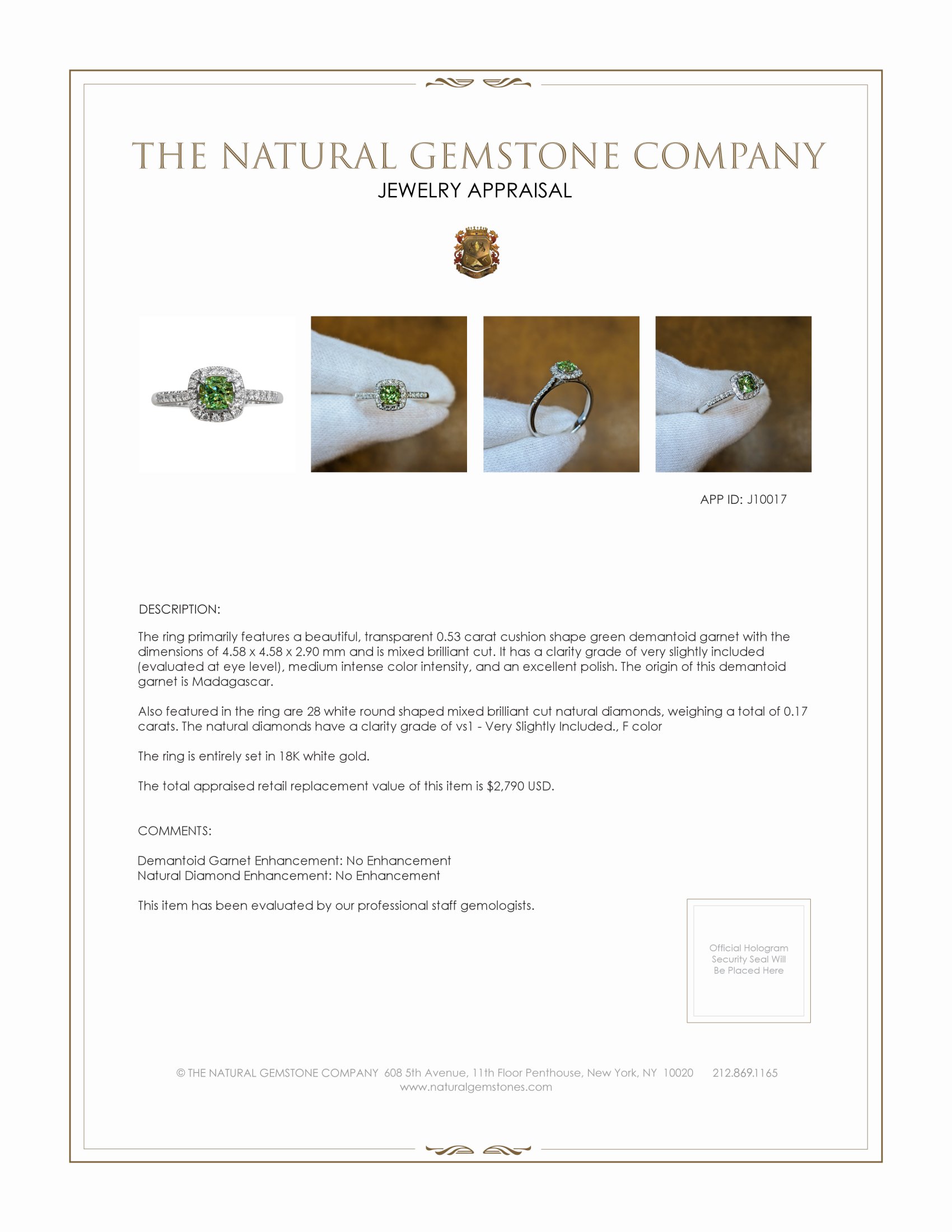 0.53 Ct. Demantoid Garnet Natural Diamond Pave Ring, 18K White Gold