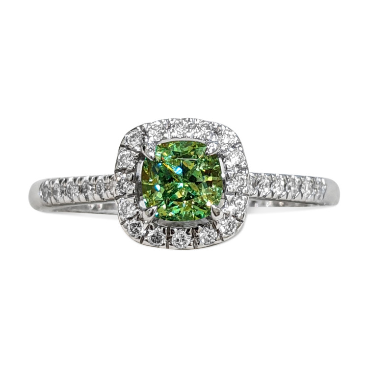 0.53 Ct. Demantoid Garnet Natural Diamond Pave Ring, 18K White Gold