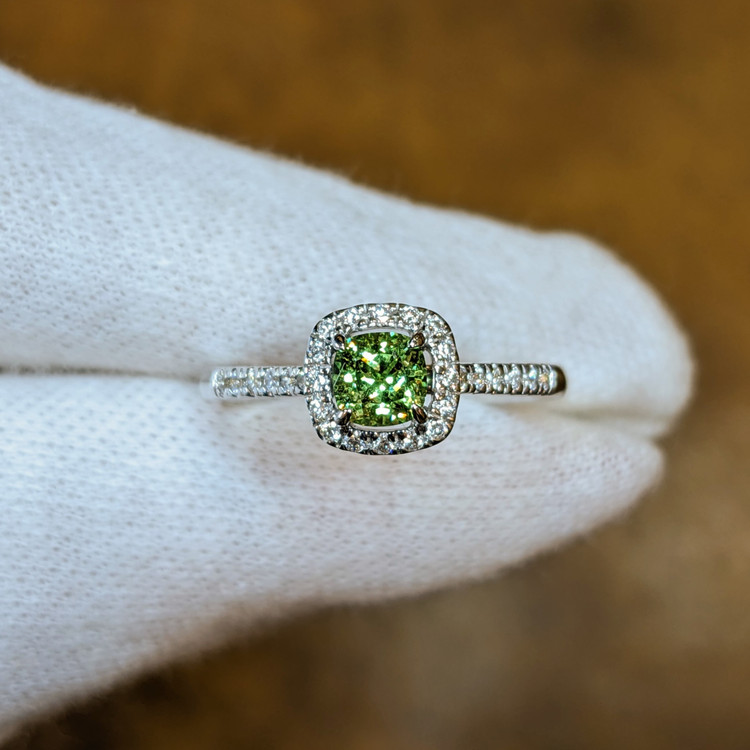 0.53 Ct. Demantoid Garnet Natural Diamond Pave Ring, 18K White Gold