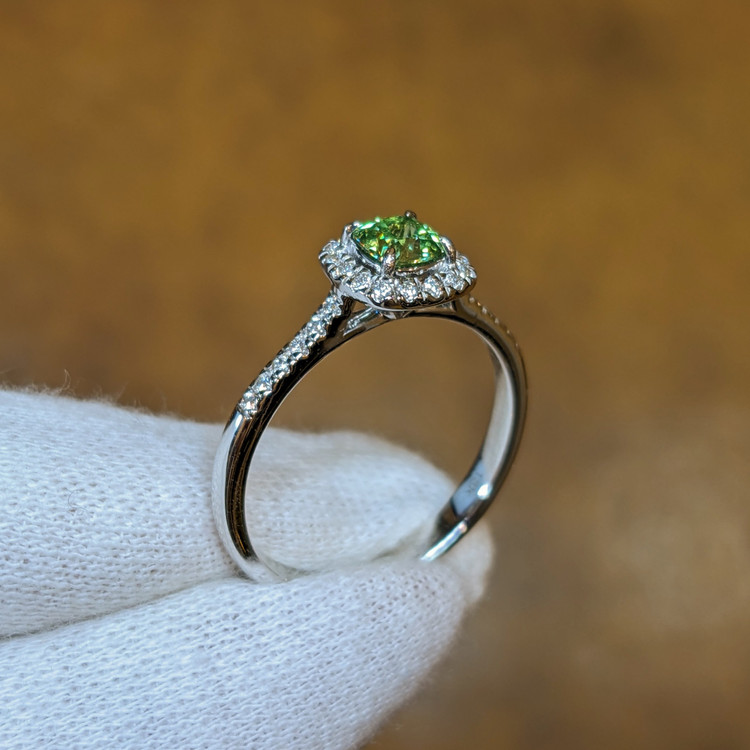 0.53 Ct. Demantoid Garnet Natural Diamond Pave Ring, 18K White Gold