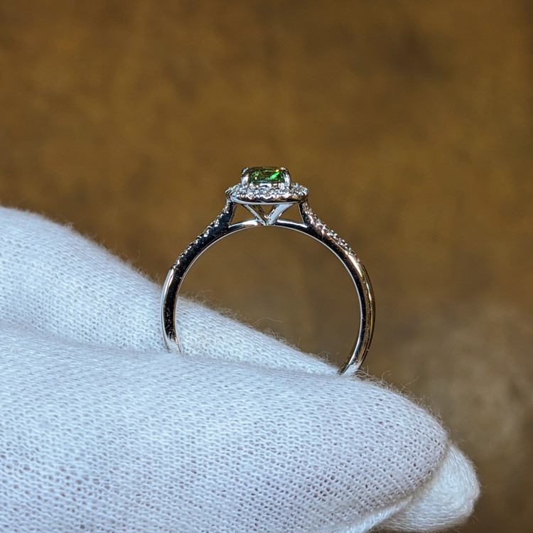 0.53 Ct. Demantoid Garnet Natural Diamond Pave Ring, 18K White Gold
