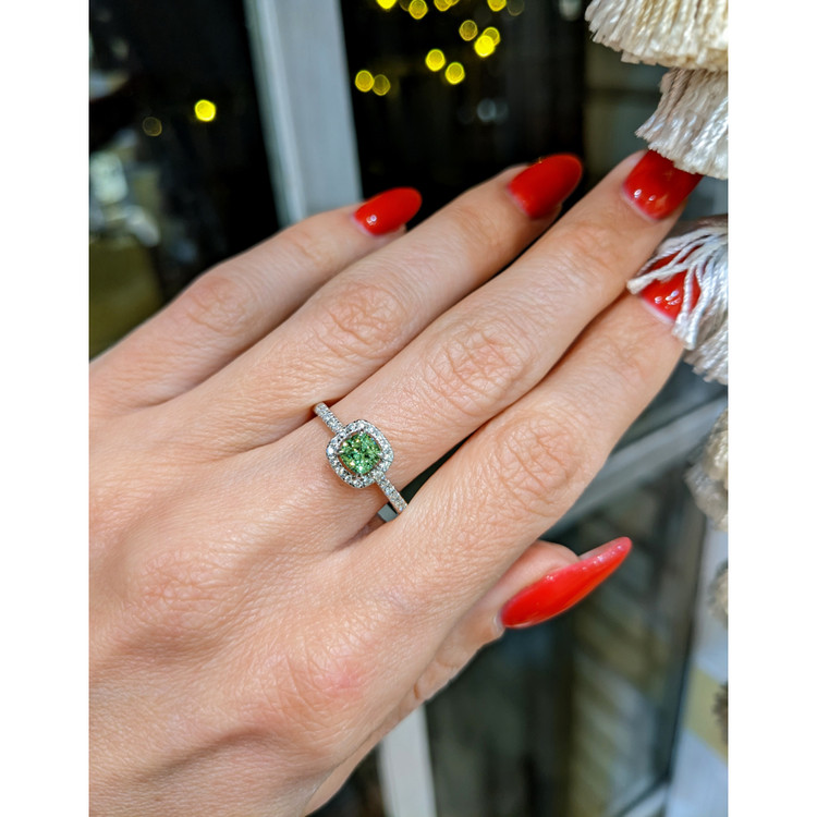 0.53 Ct. Demantoid Garnet Natural Diamond Pave Ring, 18K White Gold
