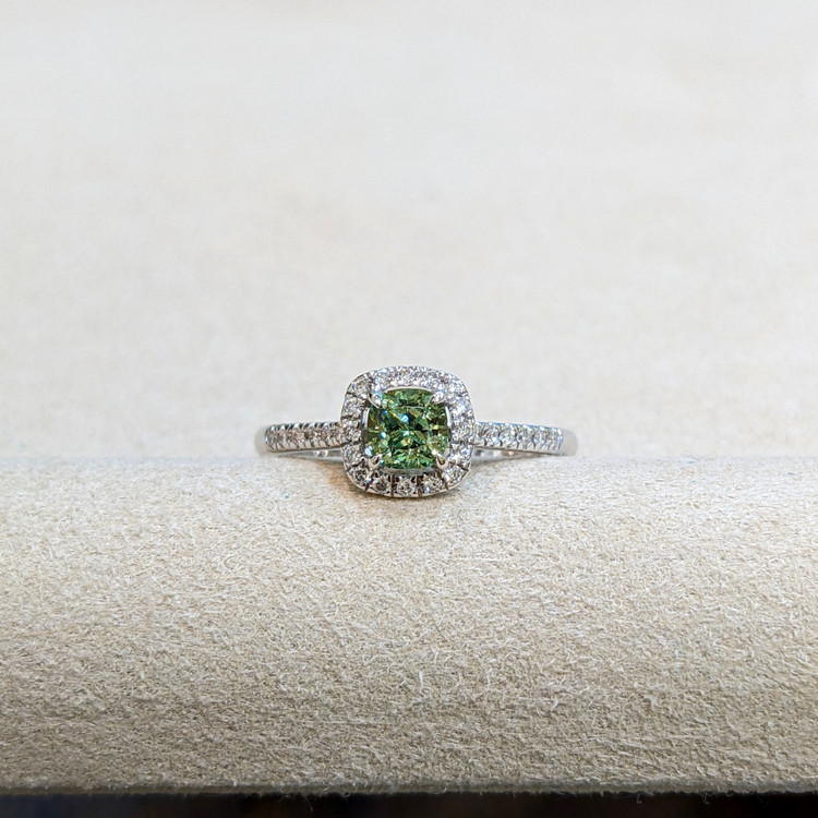 0.53 Ct. Demantoid Garnet Natural Diamond Pave Ring, 18K White Gold