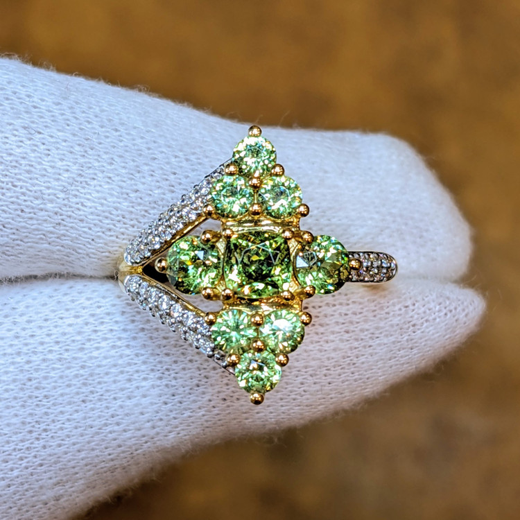 1.97 Ct. Demantoid Garnet Natural Diamond Pave Ring, 18K Yellow Gold