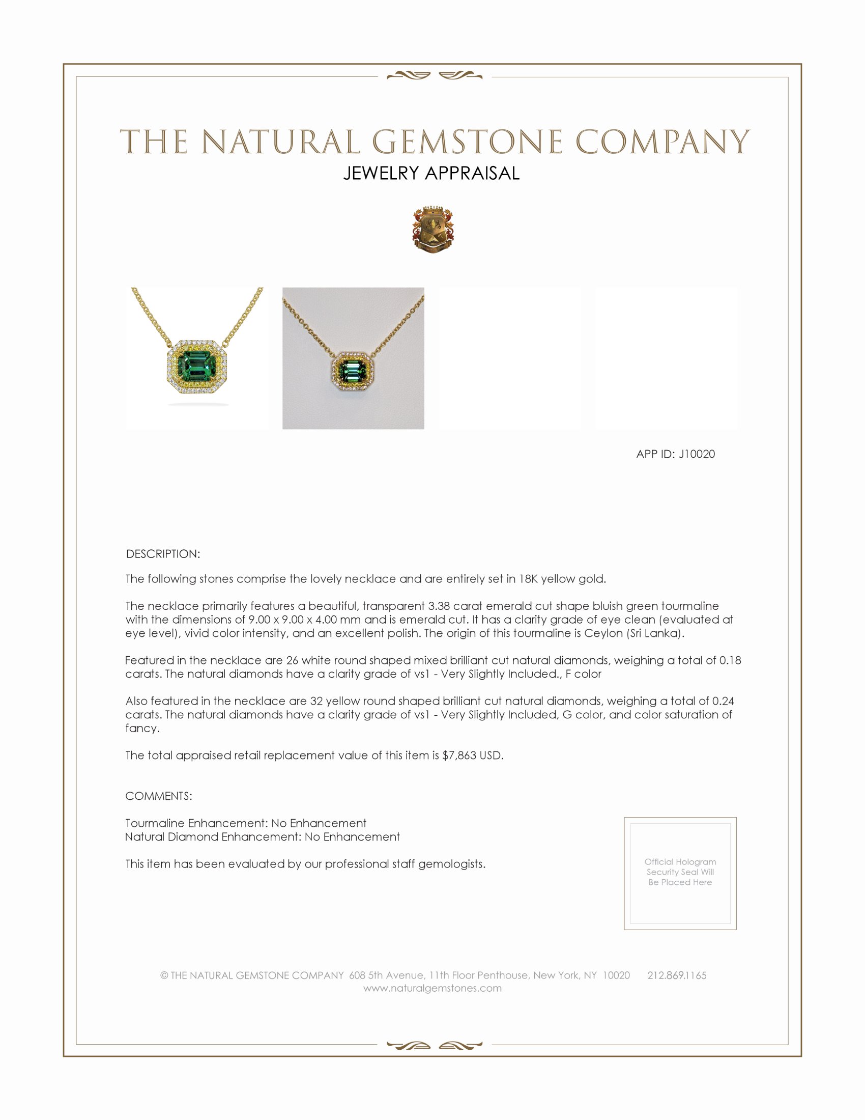 3.38 Ct. Tourmaline Natural Diamond Halo Necklace, 18K Yellow Gold
