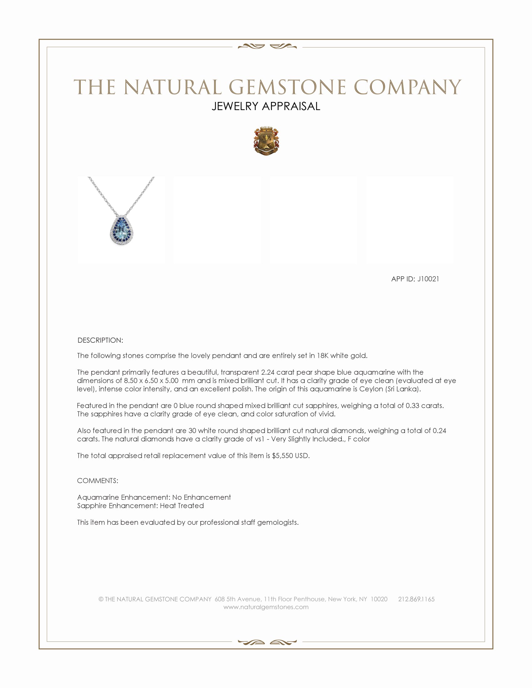 2.24 Ct. Blue Aquamarine, Blue Sapphire and Natural Diamond Halo Pendant, 18K White Gold