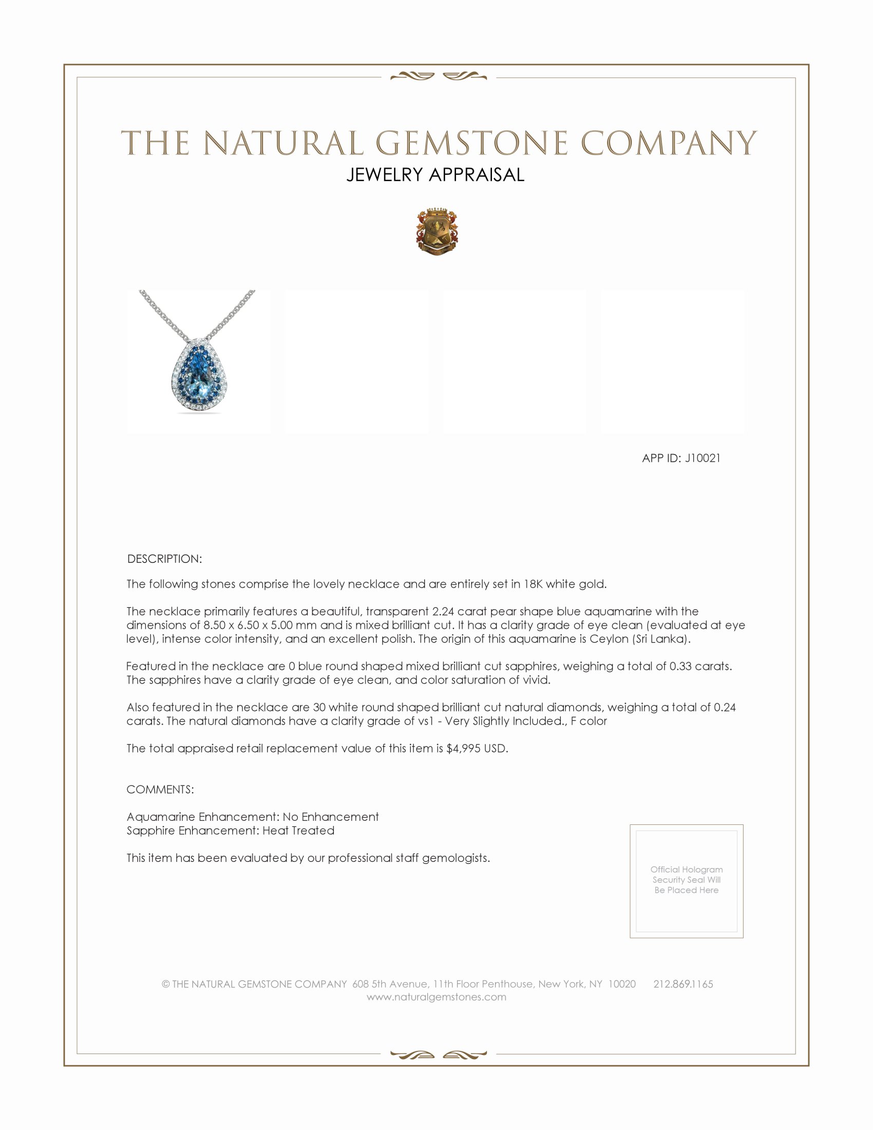 2.24 Ct. Aquamarine Sapphire Halo Necklace, 18K White Gold